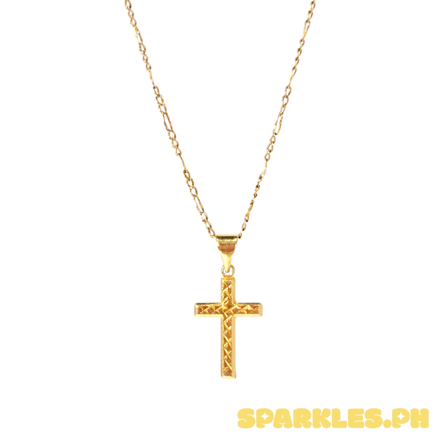 18k Saudi Gold Figaru 18' Chain Solid Pawnable Lightweight+18k Saudi Gold Dia Plain Cross Buo Pendant Solid Pawnable