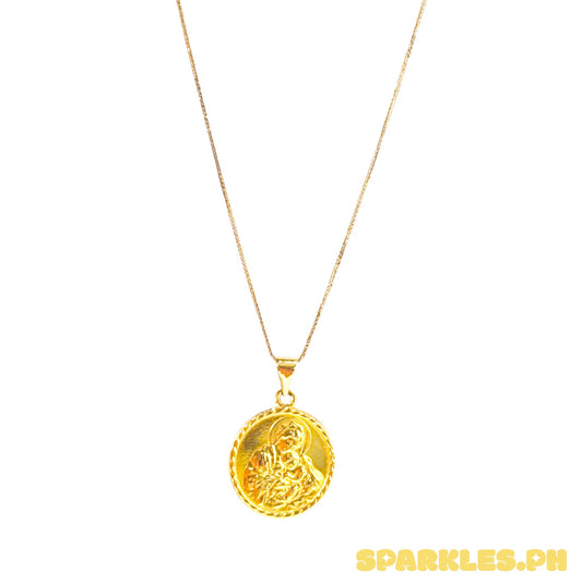 18k Saudi Gold Foxtail Chain 18" + 18k Saudi Gold 15mm Mary and Child Pendant