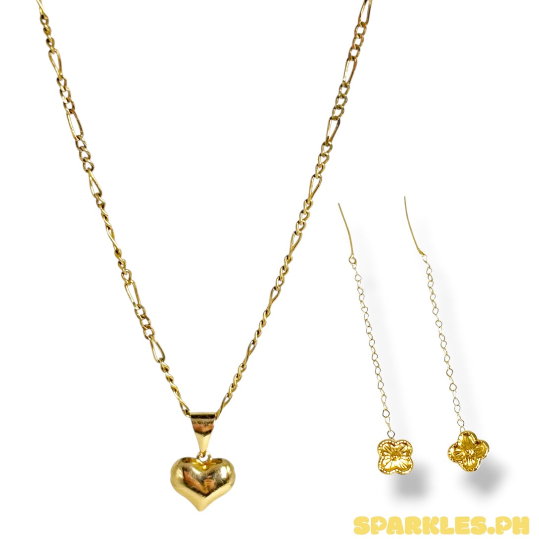 18k Saudi Gold Figaru Chain Makapal V2 20" + 18k Saudi Gold Pointed Ivana Buo Pendant v1 + 18k Saudi Gold Twin Heart Tictac Earring + 18k Saudi Gold Mini Flower Tictac