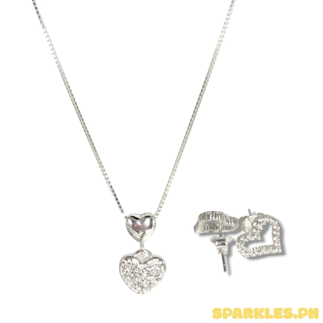 MT - 92.5 Sterling Silver - Heart Drop Necklace + 92.5 Sterling Silver - Open Heart Earrings