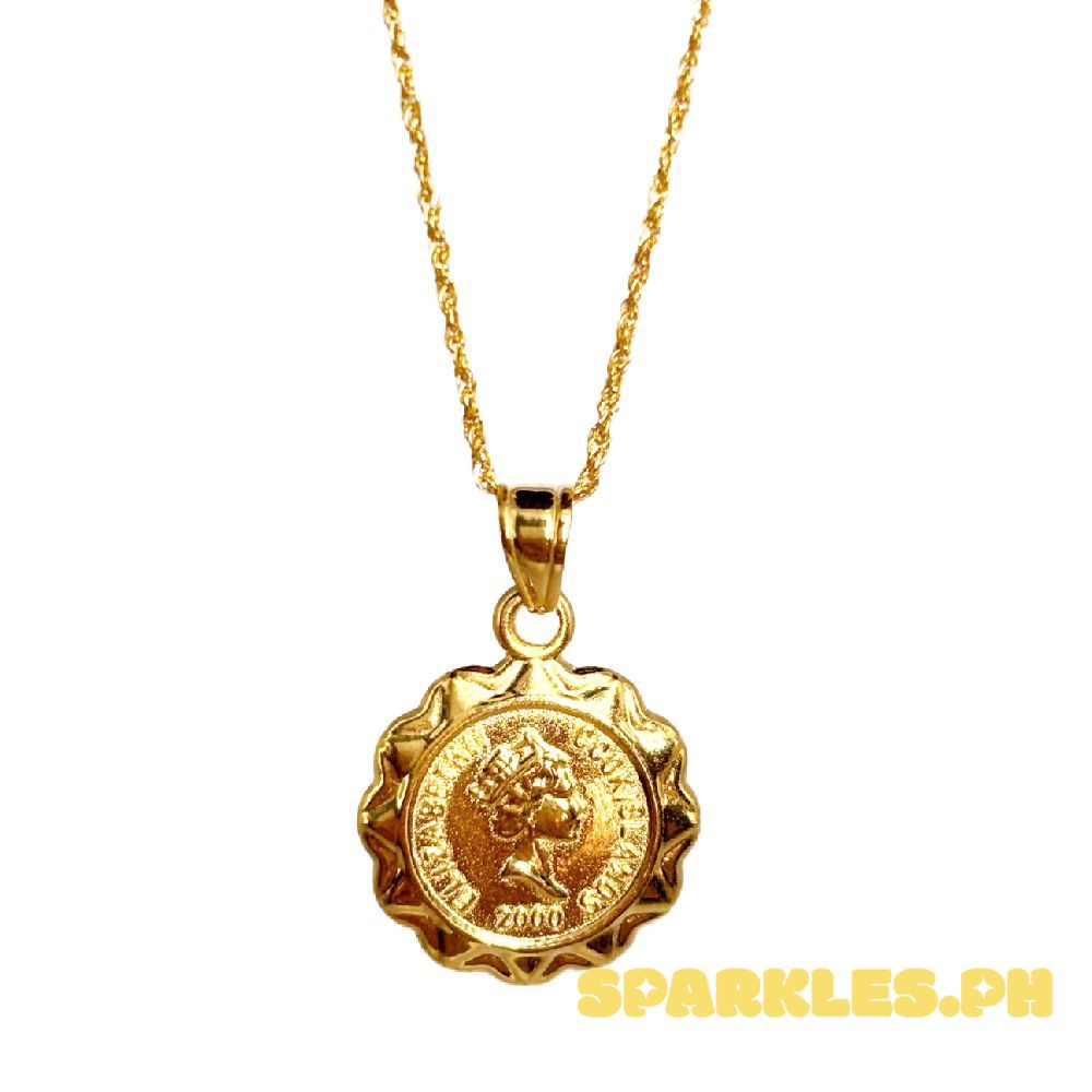 18k Saudi Gold Set Coin Elizabeth + Rope Chain 22"