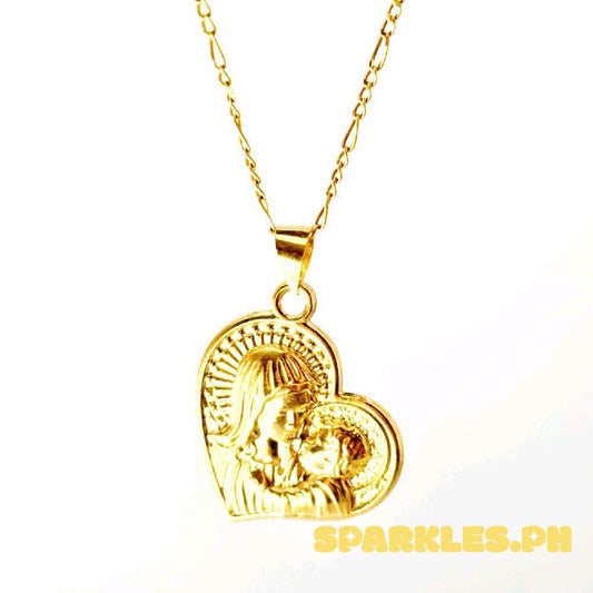 18k Saudi Gold Set Heart Mary & Child + Figaru Chain 18"