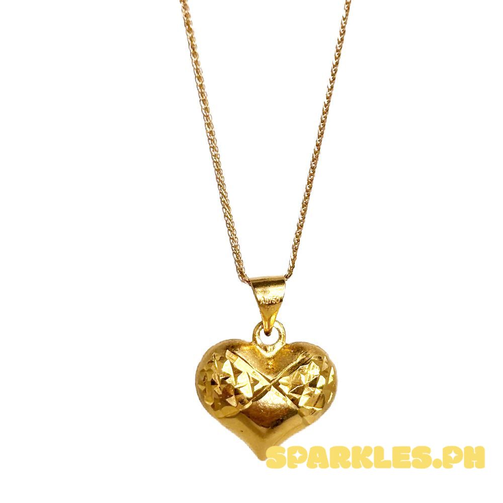 18k Saudi Gold Set Diacut Infinity Heart + Foxtail Chain 18"