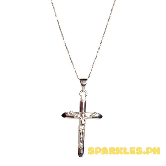 18k Saudi Gold Set White Gold Cross Jesus + White Gold Foxtail Chain 18"