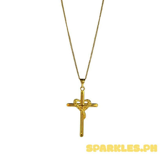 18k Saudi Gold DiaHeart Cross Pendant + Cadena Chain 16”