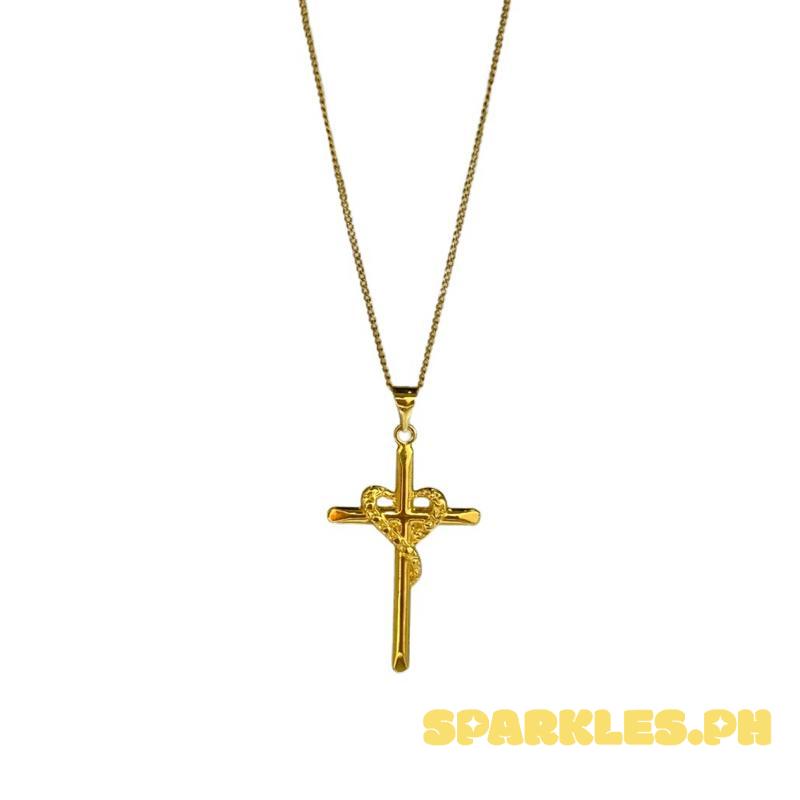 18k Saudi Gold DiaHeart Cross Pendant + Cadena Chain 16”