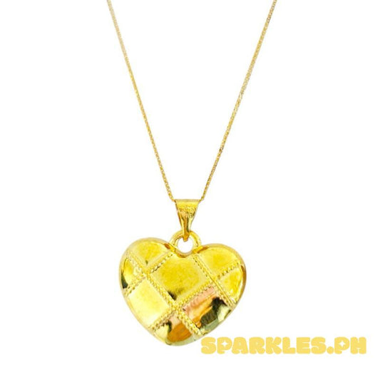 18k Saudi Gold Set Grid Heart Pendant + Foxtail Chain 18”