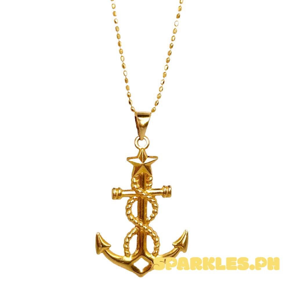 18k Saudi Gold Set Anchor Star + Beaded Chain 18"