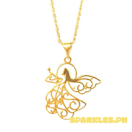 18k Saudi Gold Angel Pendant + Rope Chain 16"