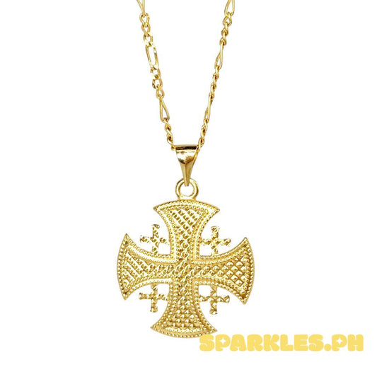 18k Saudi Gold Set Four Way Cross + Figaru Chain 20"
