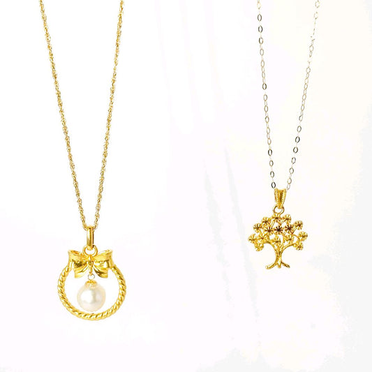 18k Saudi Gold Combo Sets Ribbon Pearl HOLLOW + Rope Chain 16" & Money Tree HOLLOW+ Tauco Chain lv1