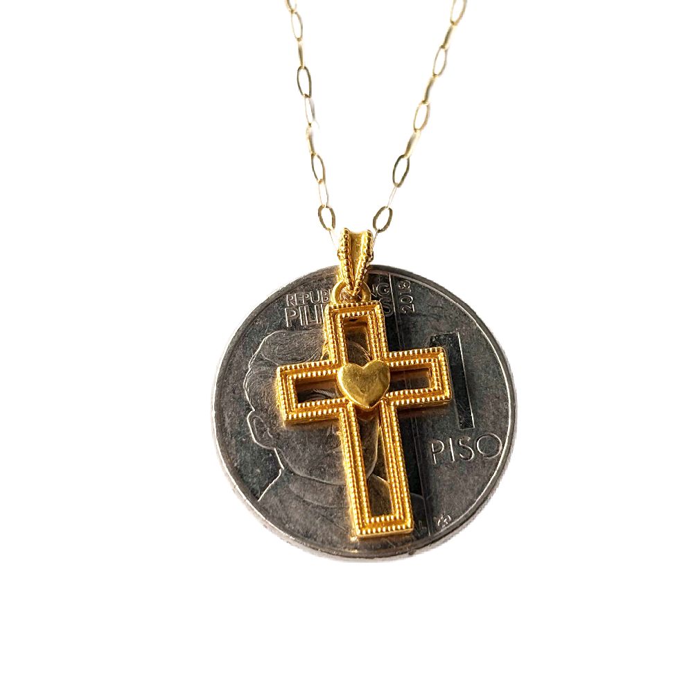 18k Saudi Gold Cross Heart AMPAW + Micro Paperclip 18"