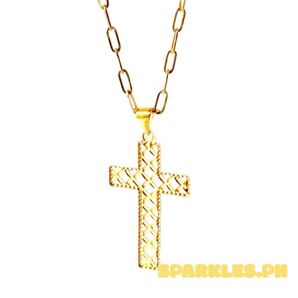 18k Saudi Gold Pattern Cross + Micro Paperclip Makapal 22"