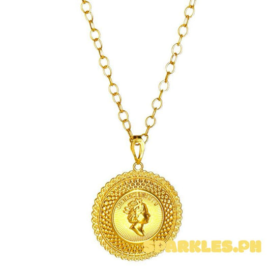 18k Saudi Gold Set Jumbo Queen Elizabeth Medallion + Big Tauco Chain 18”