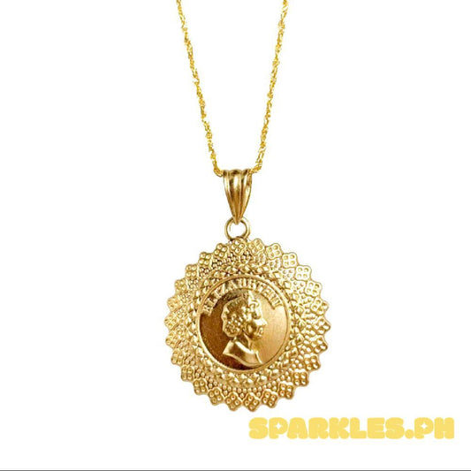 18k Saudi Gold Set Queen Elizabeth Medallion+ Rope Chain 20"