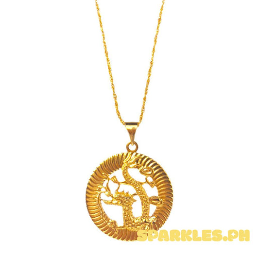 18k Saudi Gold Set Round Dragon  + Rope Chain 24"