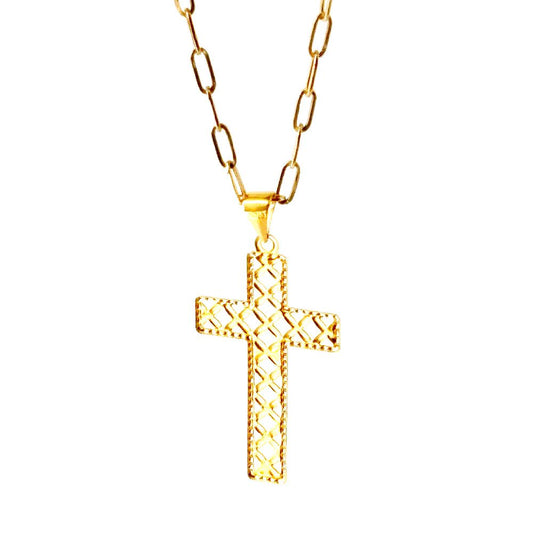 18k Saudi Gold Pattern Cross + Micro Paperclip Makapal 20"