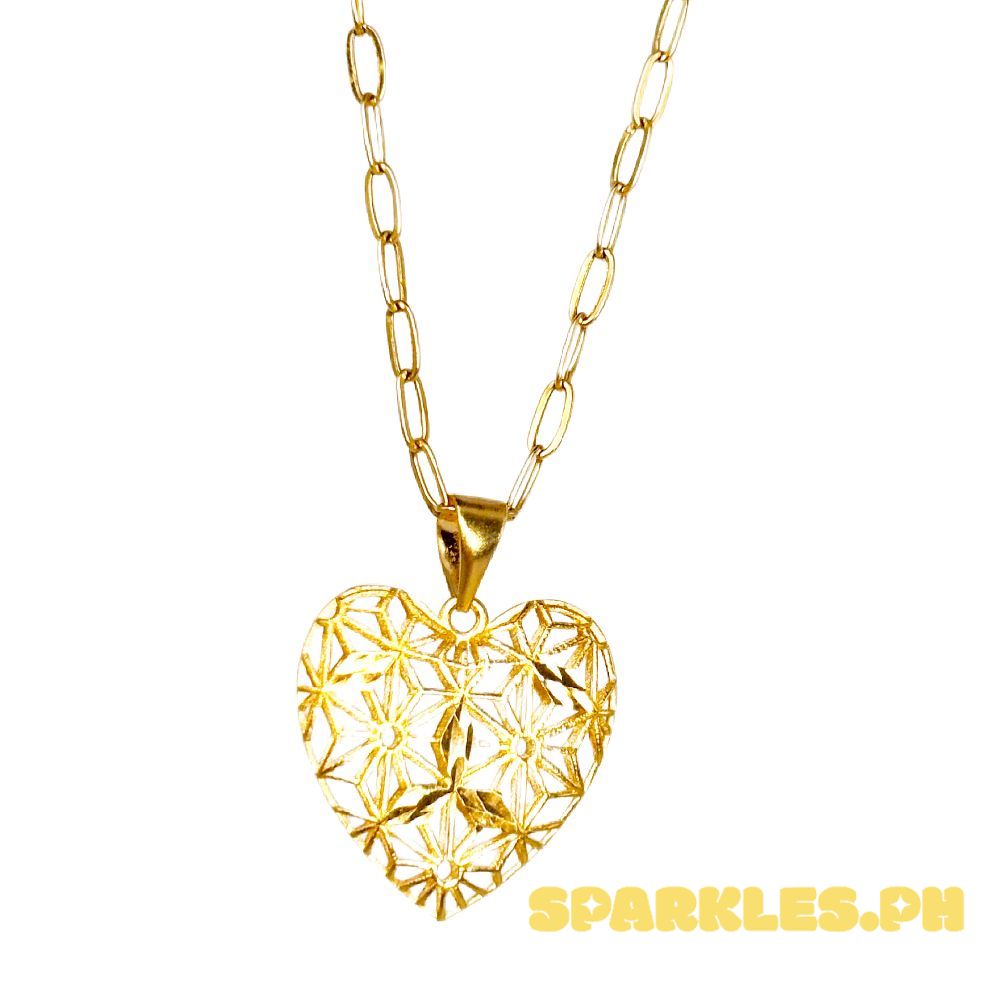 18k Saudi Gold Set Filigree Heart + Makapal Micro Paperclip 20"