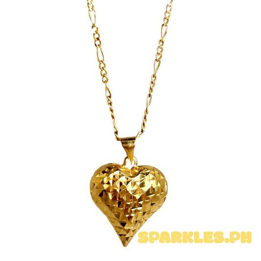 18k Saudi Gold Set Valentine Diacut Heart Buo  + Figaru Chain 20"