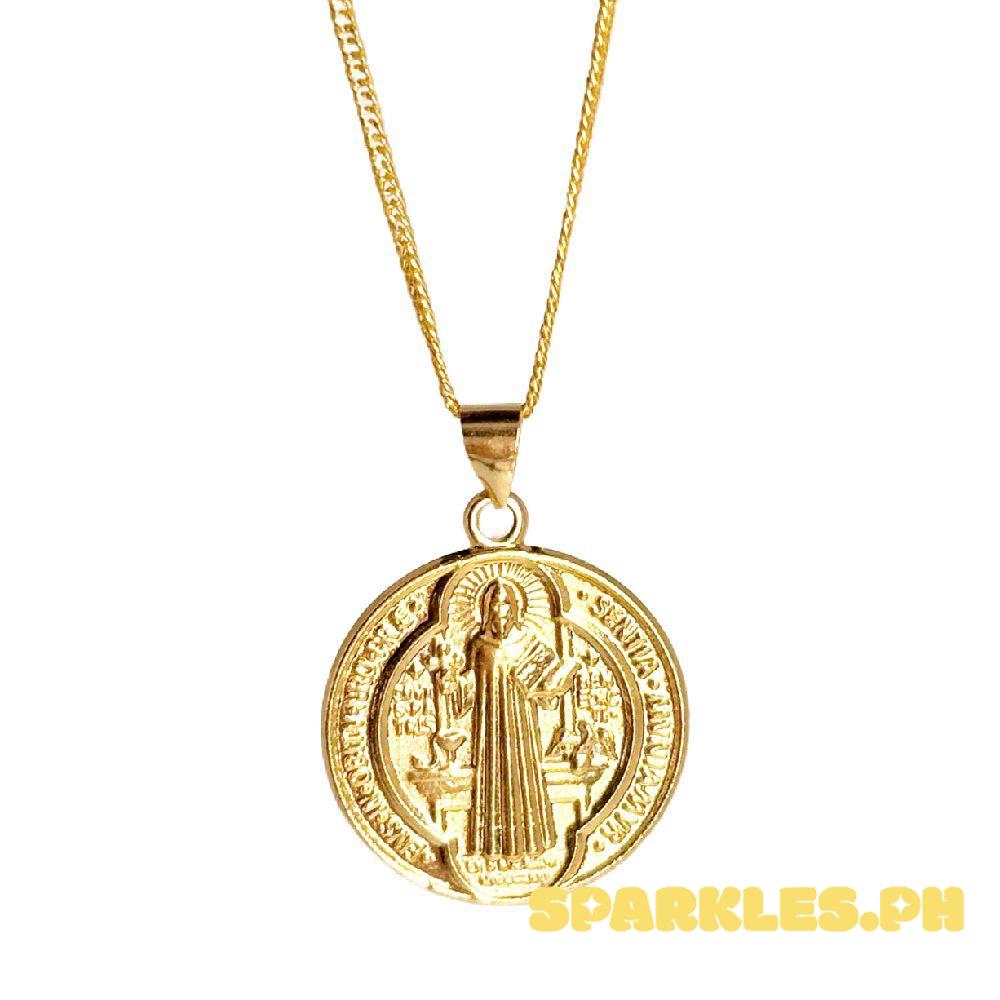 18k Saudi Gold Set St. Benedict Medallion + Foxtail Chain Makapal 20"