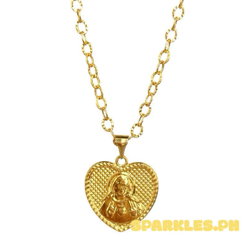 18k Saudi Gold Set Jesus Heart Pendant + Diacut Circle Chain 16”