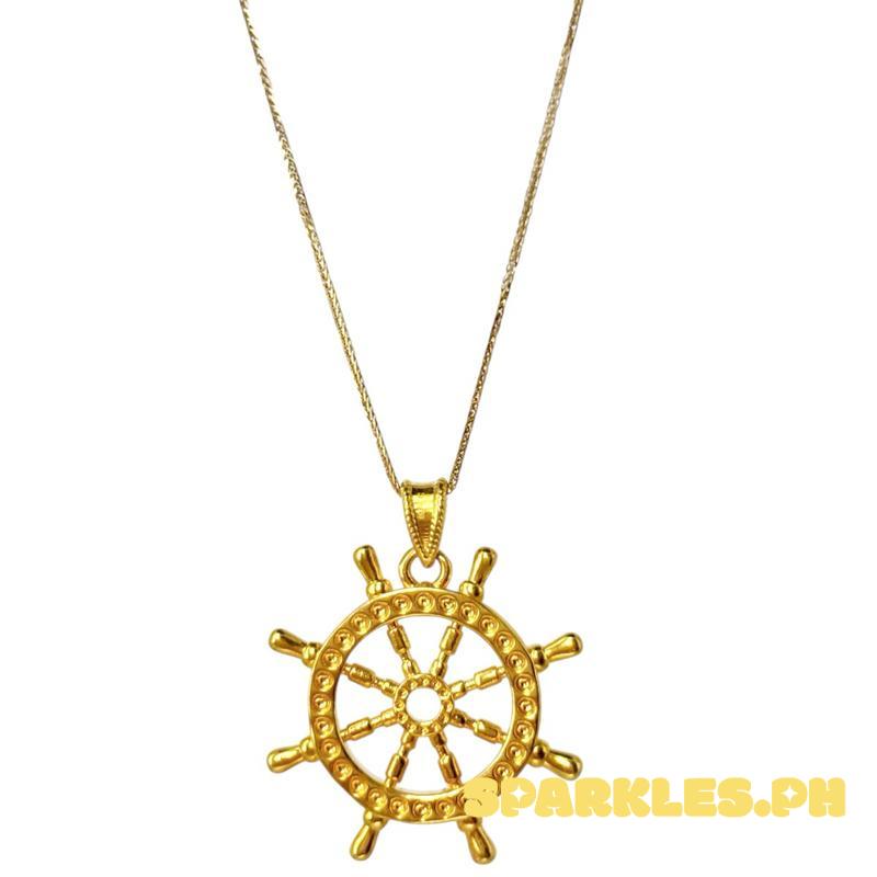18k Saudi Gold AMPAW/HOLLOW Ship Steering Wheel Pendant + Foxtail Chain 18”