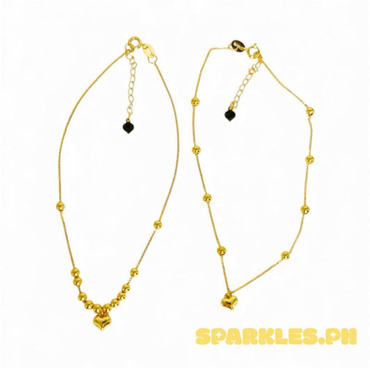 18k Saudi Gold Combo Foxtail Ball Heart Bracelet + Running Heart Bracelet