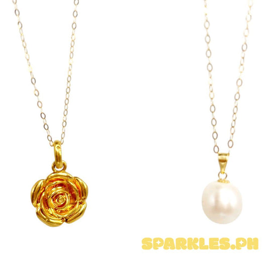 18k Saudi Gold Combo Sets Rose Flower Hollow + Tauco Chain lv1 & Freshwater Pearl + Tauco Chain lv1