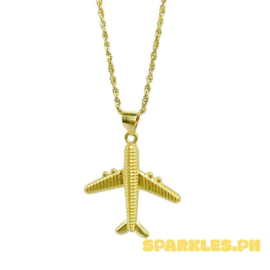 18k Saudi Gold Set Diacut Airplane + Rope Chain 24"