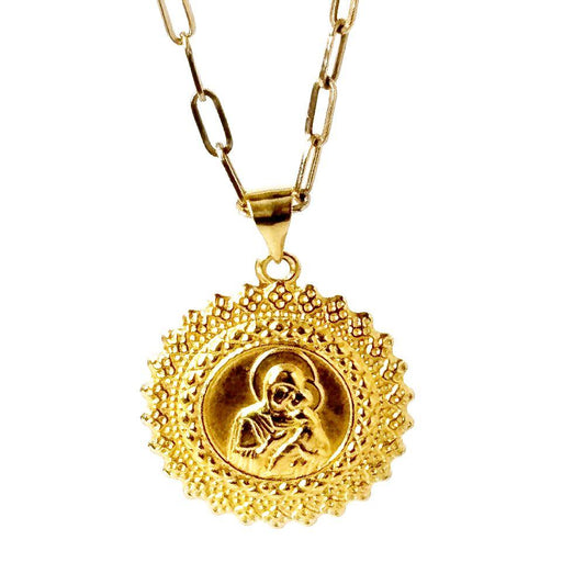 18k Saudi Gold Set Mary & Child Medallion + Micro Paperclip Makapal 20"