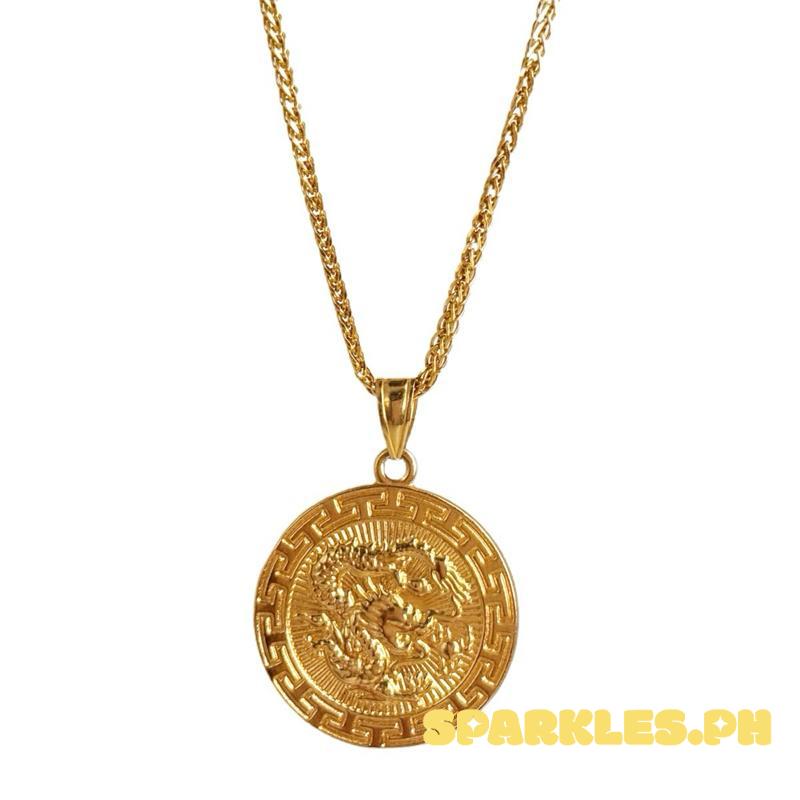 18k Saudi Gold Set Dragon Medallion + Foxtail Chain Makapal 20”