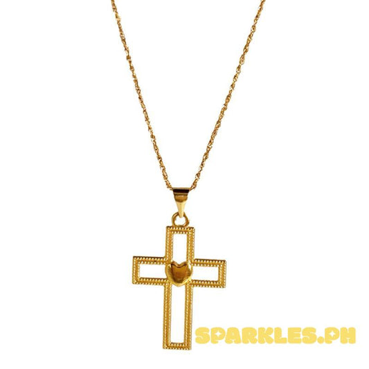 18k Saudi Gold Set Cross Heart Solid + Rope Chain 24”