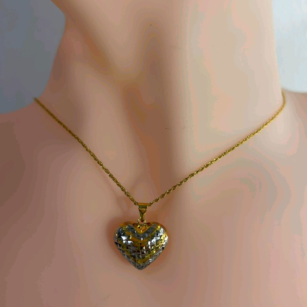18k Saudi Gold Jumbo 2Tone Heart + Rope Chain 22"