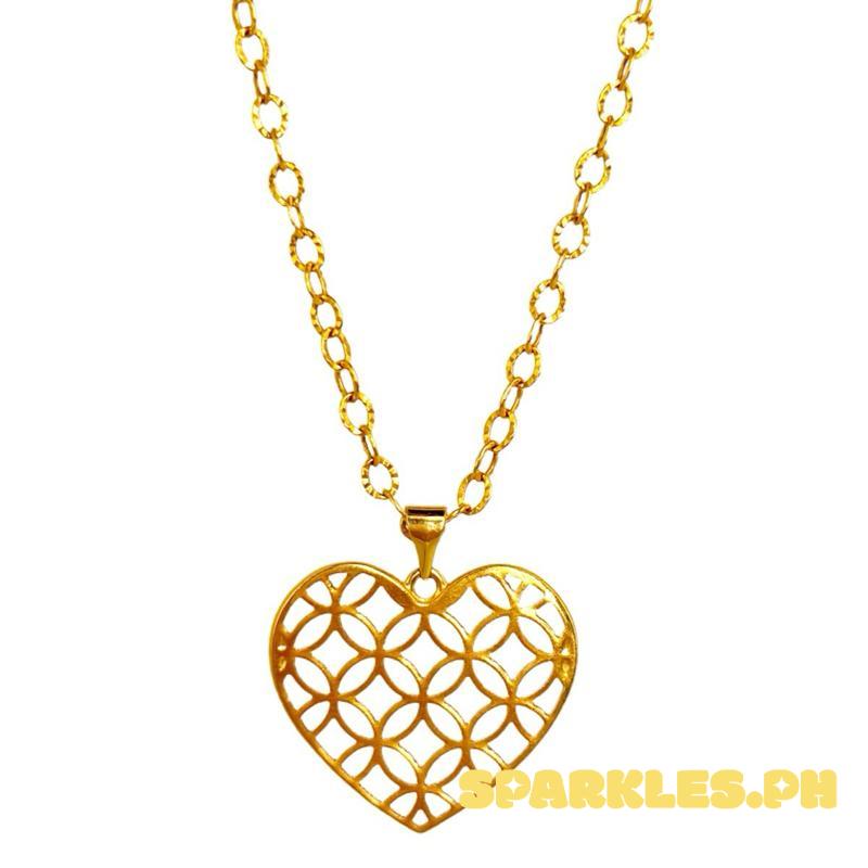 18k Saudi Gold Set Flat Money Catcher Heart + Diacut Circle Chain 16”