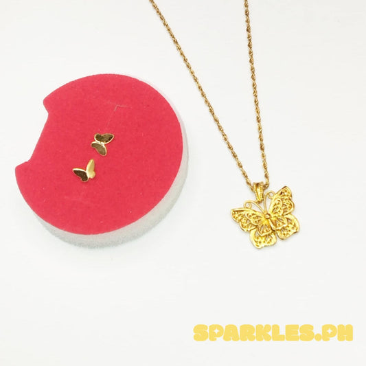 18k Saudi Gold Butterfly Cutey Style Pendant AMPAW + Rope Chain 16" & Butterfly Earring with Silicon Pakaw