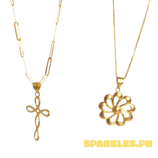 18k Saudi Gold Combo Sets Twisted Cross + 2×5mm Micro Paperclip 16" & Turbine Flower + Foxtail Chain 18"