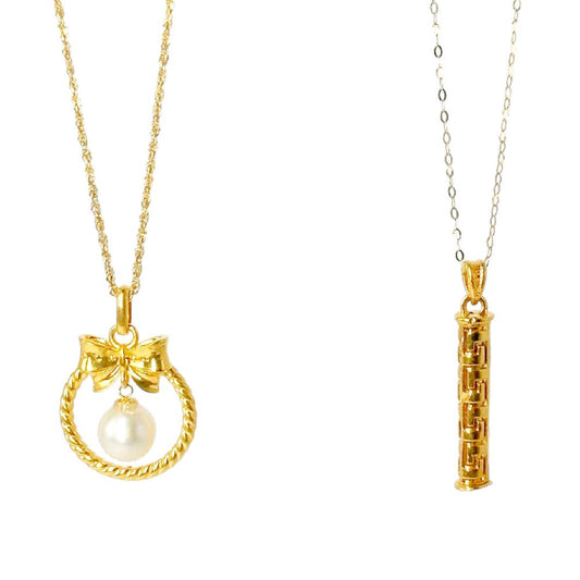 18k Saudi Gold Combo Sets Ribbon Pearl + Rope Chain 16" & Long Hook Barrel Hollow+ Tauco Chain lv1
